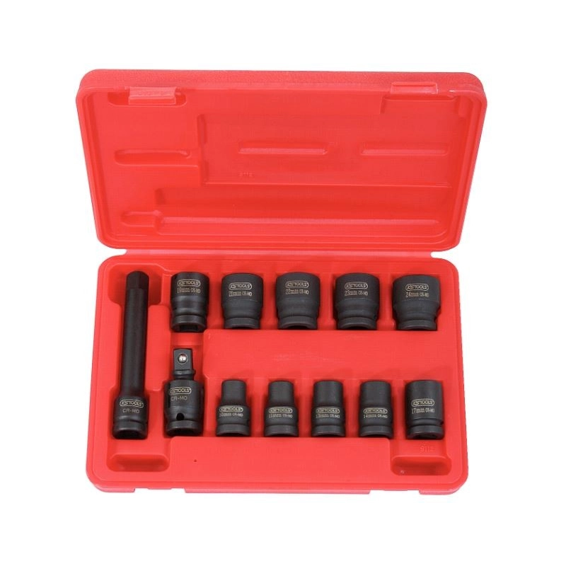 Coffret de douilles à chocs 6 pans 1/2'' - 10 douilles, cardan, rallonge- 12pcs Coffret de douilles à chocs 6 pans 1/2'' - 10 douilles, cardan, rallonge- 12pcs
