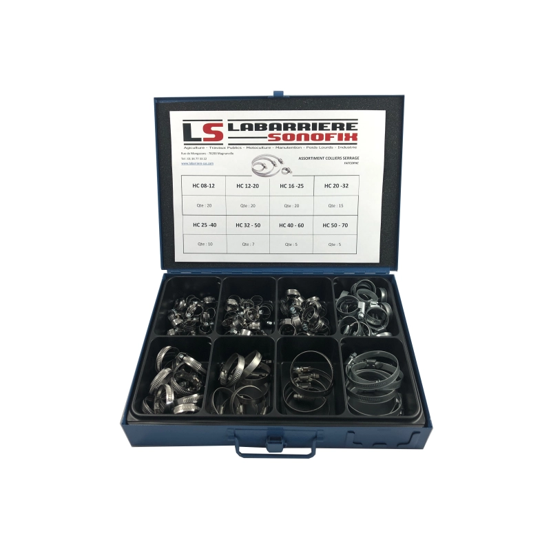 Coffret SONOFIX Colliers de serrage Inox DIN 3017 (102 pcs). Coffret e Coffret SONOFIX Colliers de serrage Inox DIN 3017 (102 pcs). Coffret e